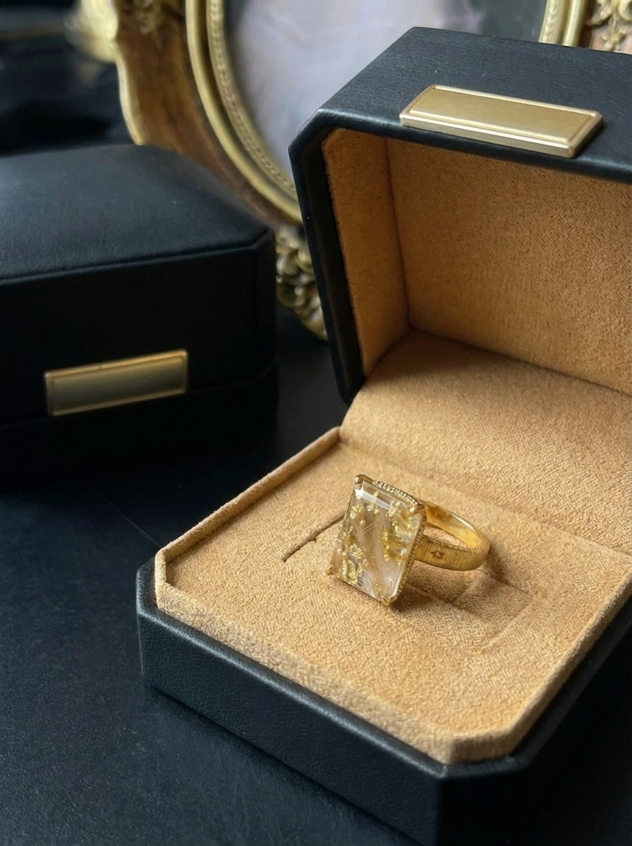 Pet Hair Rectangular Amber Ring