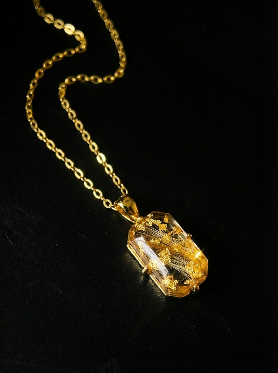 Pet Hair Rectangular Amber Pendant Necklace