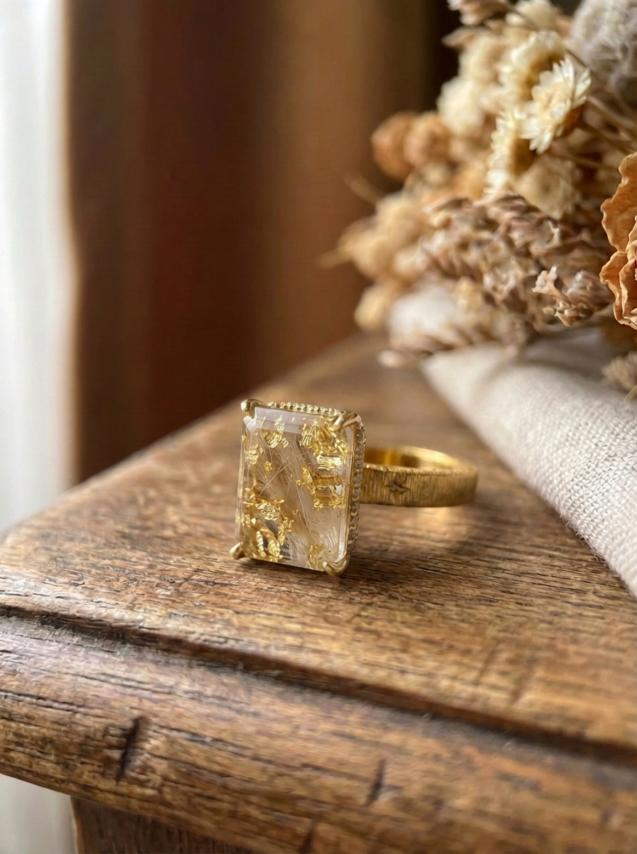 Pet Hair Rectangular Amber Ring