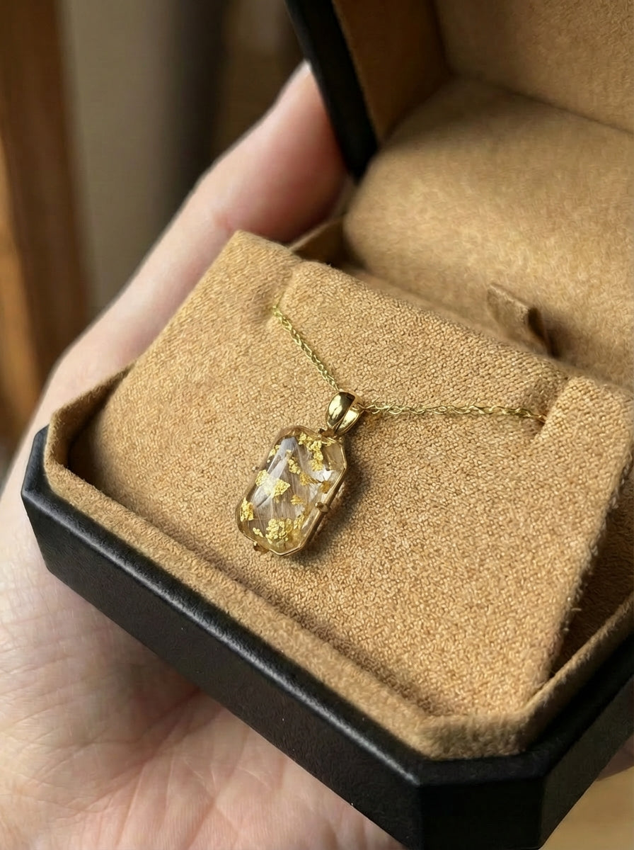 Pet Hair Rectangular Amber Pendant Necklace